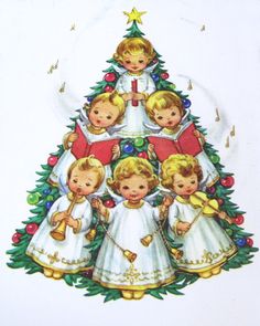 a christmas tree with angels around it and stars on the top, surrounded by other children