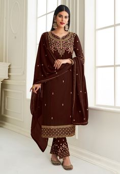 Buy Indian Wedding Party Wear Salwar Brown georgette kameez with pant 8469 online in USA, UK and Canada from KollyBollyEthnics.com Indian Wedding Party, Embroidery Dupatta, Celana Fashion, Indian Salwar Kameez, Georgette Tops, Embroidered Pants, Elegant Embroidery, Wedding Saree Indian, Designer Salwar Suits