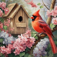 a painting of a red bird sitting on a branch next to a birdhouse and flowers