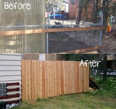 before and after photos of a backyard fence