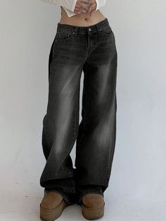 Women Casual Street Zip-Up Loose Fit Denim Jeans Black Casual   Denim Plain Flare Leg Non-Stretch  Women Clothing, size features are:Bust: ,Length: ,Sleeve Length: Loose Flare Jeans, Low Waisted Black Jeans, Black Jeans Wide Leg, Black Jeans Baggy, Low Waisted Baggy Jeans, Black Low Rise Jeans, Baggy Jeans Black, Flare Jeans Black, Dark Washed Jeans