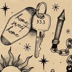 an ink drawing of keys and other items