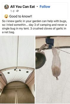 the inside of a tent is shown in three different pictures, one has a bag hanging from it's ceiling