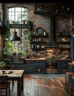 an industrial style kitchen with brick walls and wood flooring is pictured in this image