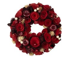 a wreath with red flowers and pearls on the bottom is shown in front of a white background