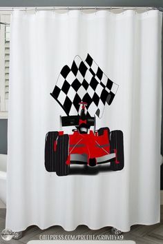 a red race car with a checkered flag on it's back shower curtain