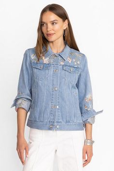 Crafted from 100% durable cotton denim, the Erinn Denim Jacket offers a fresh take on a classic wardrobe staple. Featuring a collared button-front with snap closure, this jacket is finished with bold floral embroidery at the front and back for a stunning finished look. Pair with a white tee and bold color skirt for a fresh warm-weather ensemble. Johnny Was Women's Erinn Denim Jacket in Denim Blue, Size XS, Cotton/Denim, Floral Spring Medium Wash Denim Jacket With Pockets, Medium Wash Button-up Denim Vest For Spring, Spring Light Wash Button-up Denim Jacket, Spring Medium Wash Button-up Denim Jacket, Dark Wash Button-up Denim Vest For Spring, Spring Button-up Denim Vest, Spring Cotton Denim Jacket With Pockets, Spring Denim Jacket With Pockets, Spring Denim Blue Vest With Button Closure