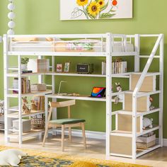 there is a bunk bed with stairs and desk in the room that has green walls