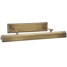 an antique brass finish bathroom light fixture with two lights on each side and one arm