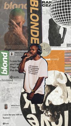 a collage of various images including a man with headphones, microphone and t - shirt