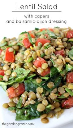 lentil salad with capers and balsamic dijon dressing on a white plate