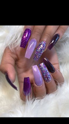 Purple And Silver Nails Coffin, Dark Purple And Lavender Nails, Purple And Sparkle Nails, Valentines Purple Nails, Dark Purple Prom Nails Acrylics, Purple Sparkle Nail Design, Purple Nail Looks, Purple Shades Nails, Purple Nails Designs Summer