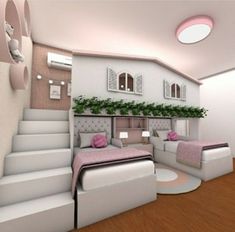 a room with two beds and some stairs