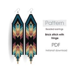 the pattern for earrings with fringes is shown in blue, pink and yellow colors