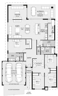 the floor plan for a two story house with three car garages and an attached living area