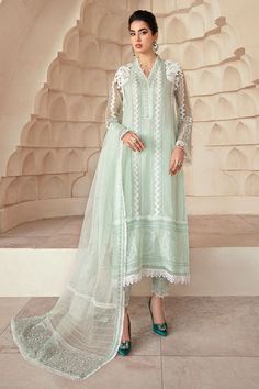 Pakistani Green Pure Silk Salwar Kameez Ladies Party Dress Ice Forest, Net Shirt, Luxury Pret, Designer Outfit, Printed Dupatta, Party Dresses Online, Blush Dresses, Modest Clothing, Thread Embroidery