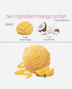 two ingredient mango sorbet is shown in three different stages, with the ingredients labeled below