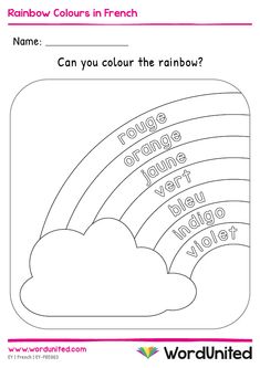 the rainbow colors in french worksheet for kids to learn how to write and color