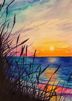 watercolor painting of sunset over the ocean with sea oats in foreground and beach grass in foreground