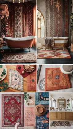 a collage of photos with rugs and bathtub