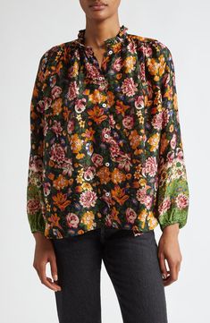 Billowy Cotton Blouse For Fall, Floral Print Relaxed Fit Peasant Top For Fall, Casual Floral Print Top With Bishop Sleeves, Floral Print Peasant Top For Fall, Relaxed Fit Floral Print Peasant Top For Fall, Fall Floral Print Peasant Top With Relaxed Fit, Billowy Tops For Daywear In Fall, Cotton Floral Print Peasant Top For Daywear, Billowy Tops For Fall Daywear