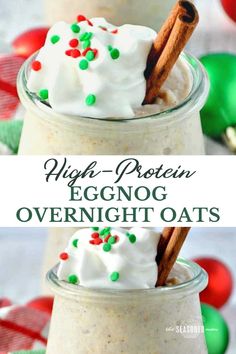 two glasses filled with eggnog overnight oats