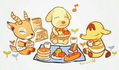 three cartoon animals sitting at a table eating food