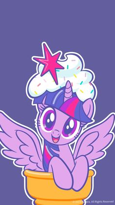 a little pony sitting in a bowl with stars on top of it and clouds above