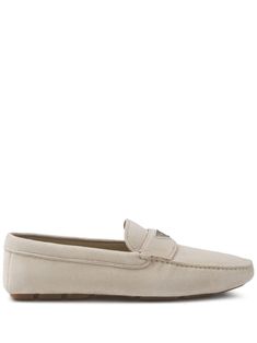 light grey suede enamel triangle logo slip-on style round toe branded leather insole flat rubber sole Classic Beige Slip-ons With Cushioned Footbed, Classic Suede Flat Slip-ons, Luxury Flat Slip-ons With Rubber Sole, Classic Almond Toe Flats With Suede Lining, Classic Flats With Suede Lining, Classic Beige Suede Slip-ons, Classic Business Suede Flats, Classic Flat Suede Slip-ons, Classic Suede Slip-ons With Flat Heel