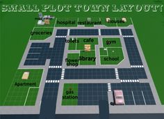 a map of small town layout with buildings, roads and parking spots on the ground