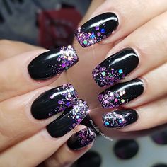 Gel Nails Black And Purple, Sparkly Purple Ombre Nails, Black Nails With Ombre Glitter, Prom Nails Black And Purple, Black Nails With Colorful Glitter, Black Nails With Sparkle Tips, Purple Black Glitter Nails, Pink Nails With Black Glitter, Black With Purple Glitter Nails