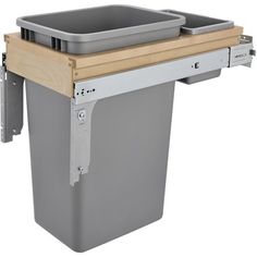 a gray trash can with a wooden lid on the top and metal frame around it