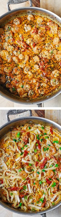 two pans filled with food sitting on top of a wooden table next to each other