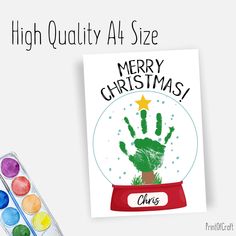 a christmas card with the words merry christmas and handprints in front of it