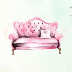 Pink Sofa Watercolor Clipart Greenery Drawing, Drawing Furniture, Chair Drawing, Pop Illustration, Vintage Chairs, Watercolor Clipart, 그림 그리기, Framed Canvas Prints, Watercolor Illustration