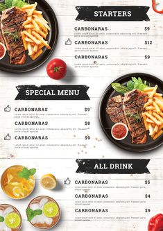 a menu with different types of food and drinks on the side, along with other items