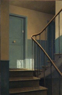 a painting of stairs leading up to a blue door in a hallway with white walls