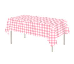 a pink and white checkered tablecloth on top of a metal stand with two legs