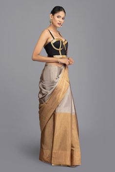 Gold and silver dual tone handloom saree. Comes with an unstitched blouse fabric. - Aza Fashions Buy Gold, Handloom Saree, Blouse Fabric, Blouse Piece, Aza Fashion, Gold And Silver, Custom Made, Hand Weaving, Saree