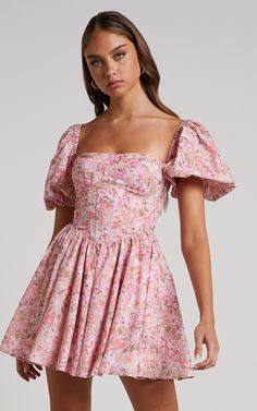 Phorchia Mini Dress - Fit and Flare Puff Sleeve Corset Dress in Fleur Print | Showpo USA Spring Mini Dresses, Rush Outfits, Rush Dresses, Mini Dress With Sleeves, Dance Dresses