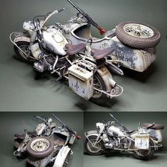 two pictures of an old motorcycle with no wheels