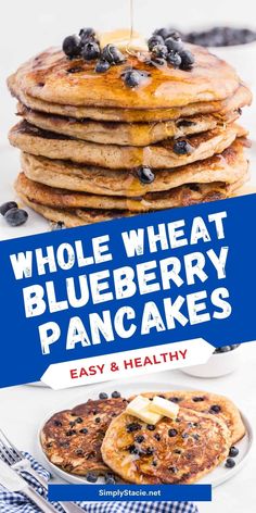 blueberry pancakes are stacked on top of each other