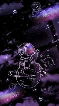 an astronaut floating in the sky with stars and planets around him on a purple background