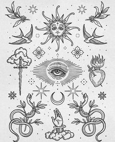 an old fashioned tattoo design with sun, moon and other symbols