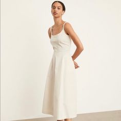 Never Worn In Perfect Condition, Has Pockets, Midi Off White A-line Midi Dress For Daywear, Elegant Cream Cotton Midi Dress, Elegant Off White Cotton Midi Dress, Elegant Beige Cotton Midi Dress, Beige Linen Dress, White Linen Dress, White Linen Dresses, Linen Dress, White Cream