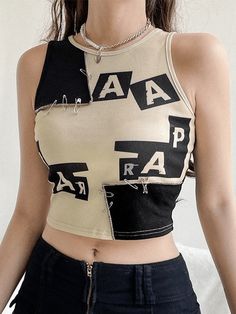 Vintage Contrast Patchwork Cropped Tank Top - AnotherChill Preppy Aesthetic Outfits, Grunge Fairycore, Pakaian Feminin, 얼짱 소녀, Y2k Aesthetic Outfits, Ropa Diy, Cute Crop Tops, Mein Style, Mode Inspo