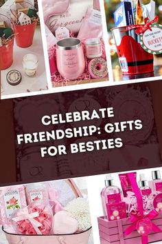 a collage of photos with pink items and the words celebrate friends gifts for besties