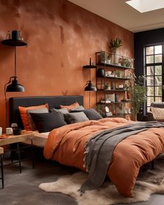 a bedroom with an orange wall and black furniture, including a bed that has been made