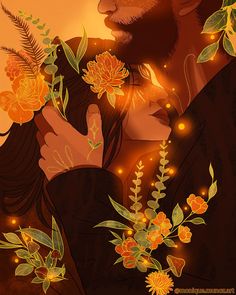 a man and woman embracing each other with flowers in the foreground, on an orange background