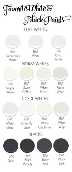 white and black paint colors with the names for each one in their respective color scheme